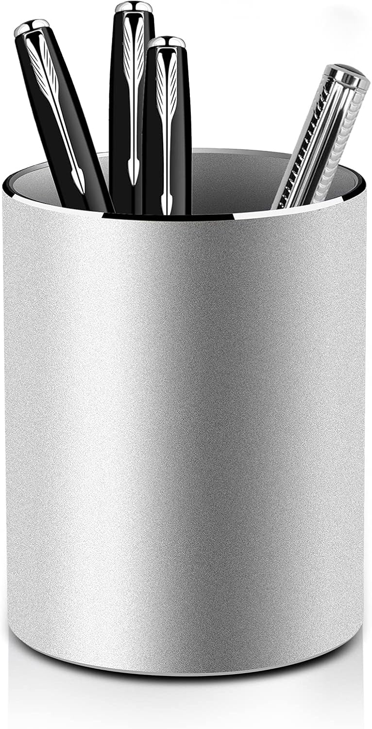 Metal Pen Holder Aluminum Pencil Holder for desk, Round Desktop Organizer and Silver Pencil Cup for Office, School, Home and Stationary Supplies (3.15 x 3.15 x 3.94 Inches)