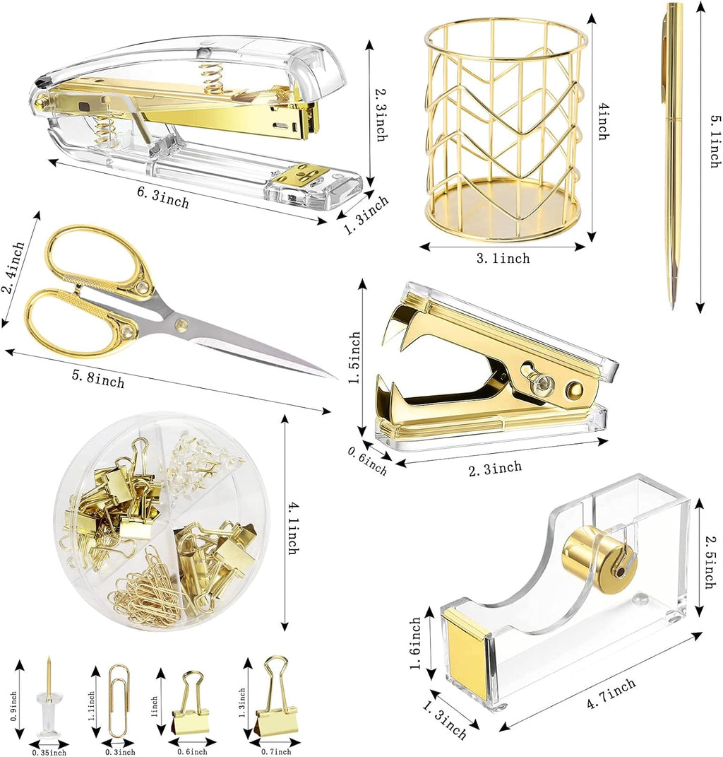 Gold Desk Accessories，Office Supplies Set Acrylic Stapler Set Staple Remover, Tape/Pen Holder, 2 Ballpoint Pen, Scissor, Binder/Paper Clips and 1000pcs Staples. - view 2