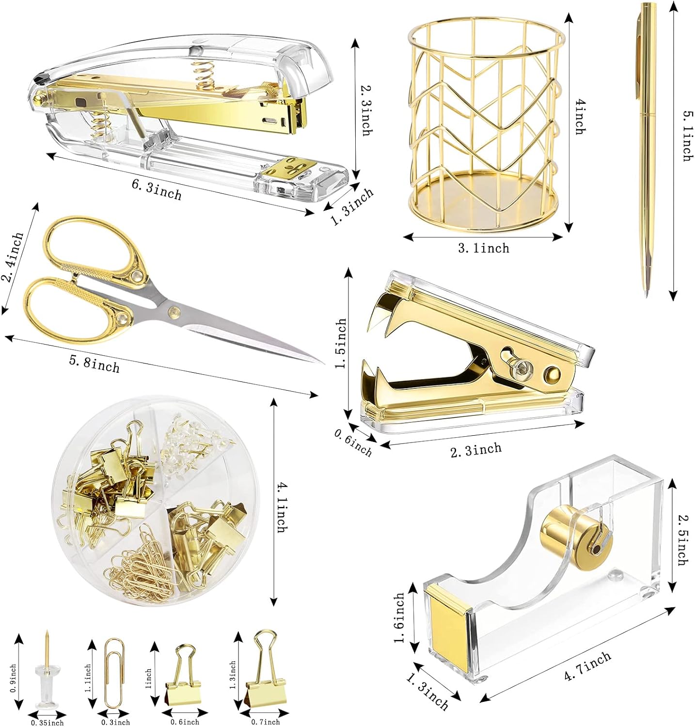 Gold Desk Accessories，Office Supplies Set Acrylic Stapler Set Staple Remover, Tape/Pen Holder, 2 Ballpoint Pen, Scissor, Binder/Paper Clips and 1000pcs Staples. - view 2
