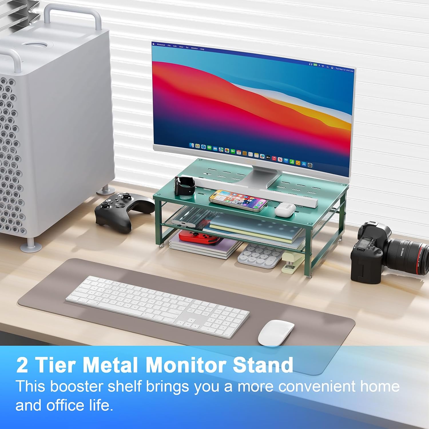 2-Tier Metal Monitor Stand Riser | Desk Organizers and Accessories, Desk Organizer for Monitor, Office Desk Storage Organizer for Office Supplies (Dark Green) - view 2
