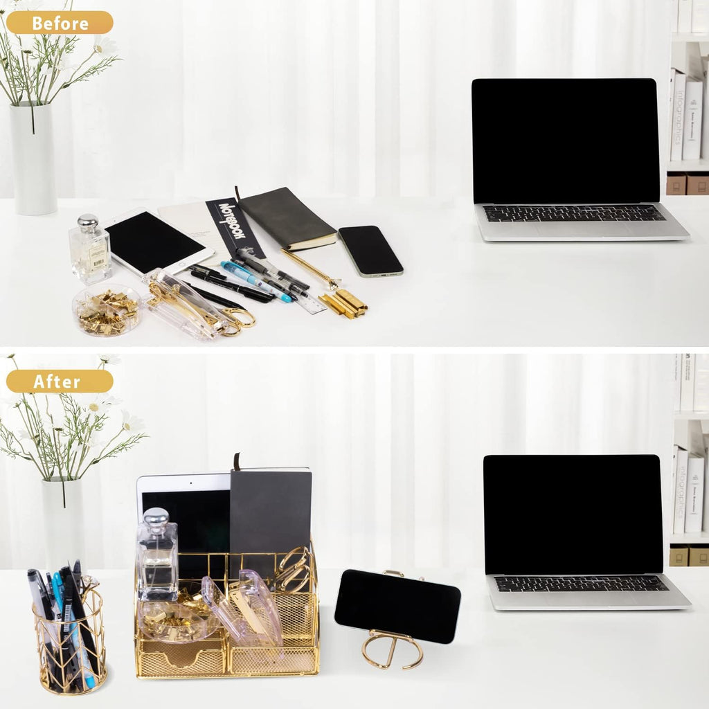 Gold Desk Organizers and Accessories Office Supplies Set Stapler, Pen Holder, Phone Holder, Scissors, Pen, Ruler, 30 Paper Clips, 22 Binder Clip, 20 Tacks and 1000pcs Staples (Gold) - view 7