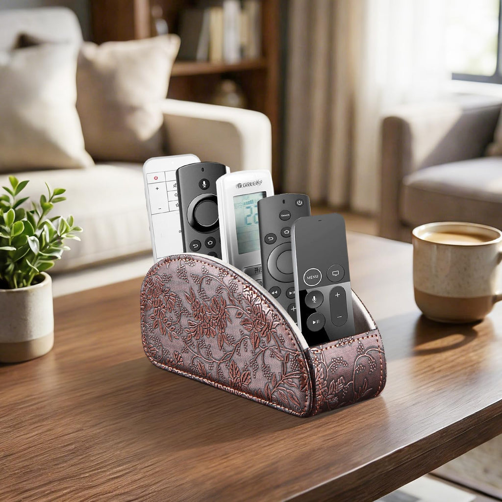 All-in-one TV remote holder/caddy for remote controls with 5 compartments | PU leather nightstand desktop storage box organizer/tray for makeup, media player controller, phone, pen, office desk accessories - view 2