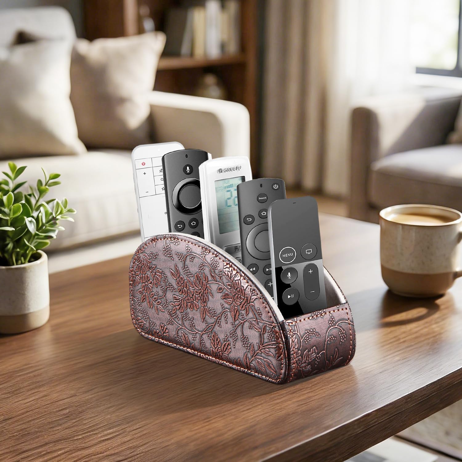 All-in-one TV remote holder/caddy for remote controls with 5 compartments | PU leather nightstand desktop storage box organizer/tray for makeup, media player controller, phone, pen, office desk accessories - view 2