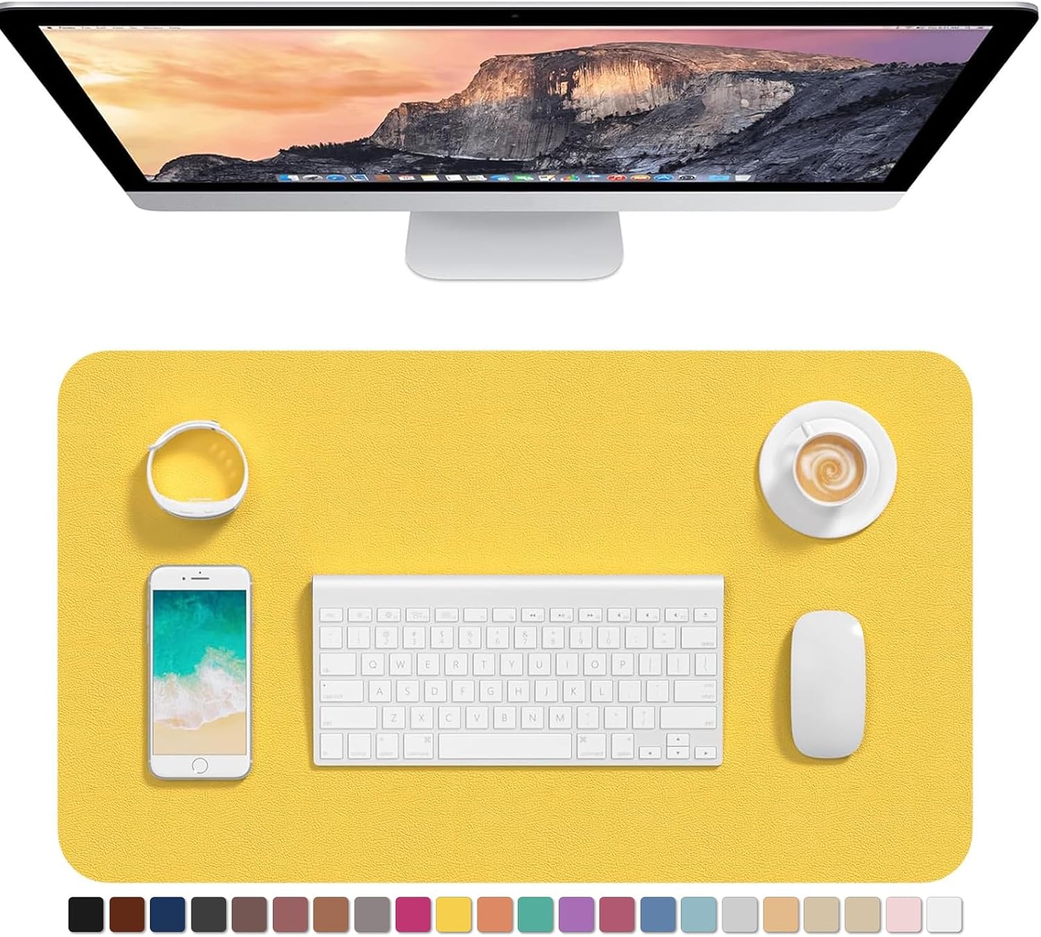 Desk Pad, 23.6" x 13.8" PU Leather Desk Mat, M Extended Mouse Pad, Waterproof Desktop Blotter Protector, Non-Slip Ultra Thin Small Laptop Keyboard Writing Mat for Office Home, Yellow