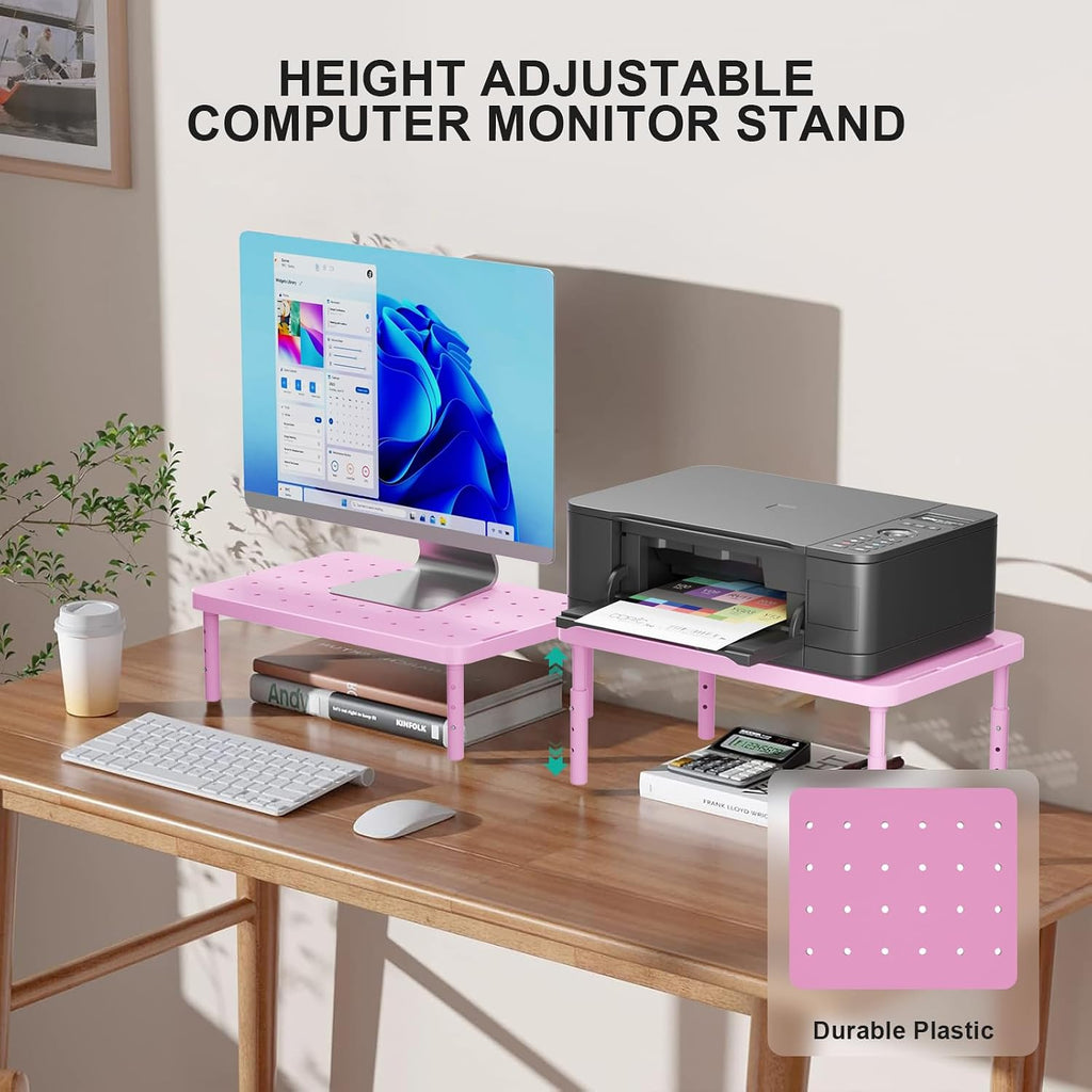 Computer Monitor Stand for Desk, Adjustable Laptop Riser, up to 44 lbs | Desk Monitor Riser Underneath Storage, Fits Notebook, Laptops, Printers, for Home, Office, School (PTT001-P),1 Pack, Pink - view 2