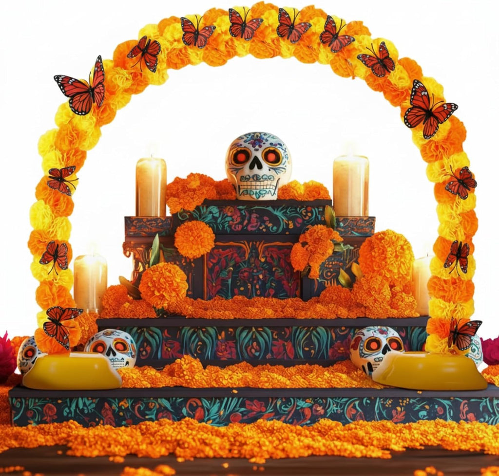 80 Silk Marigold Flowers Arch Kit, 40 Inch with 12 Butterfly | Day of the Dead Altar Decor, Artificial Flower Heads for Dia De Los Muertos Diwali, Orange Marigold Blooms, Table Setup