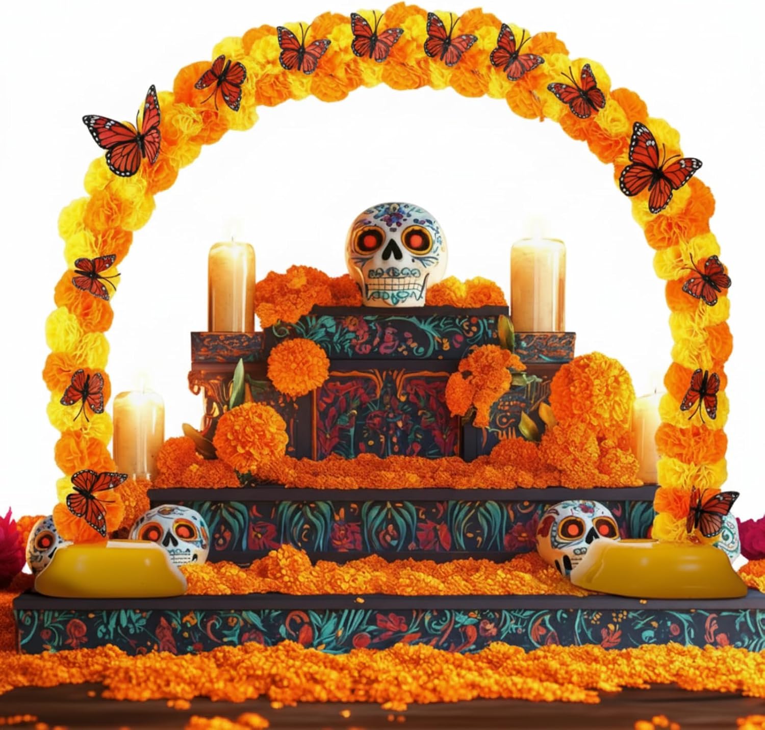 80 Silk Marigold Flowers Arch Kit, 40 Inch with 12 Butterfly | Day of the Dead Altar Decor, Artificial Flower Heads for Dia De Los Muertos Diwali, Orange Marigold Blooms, Table Setup