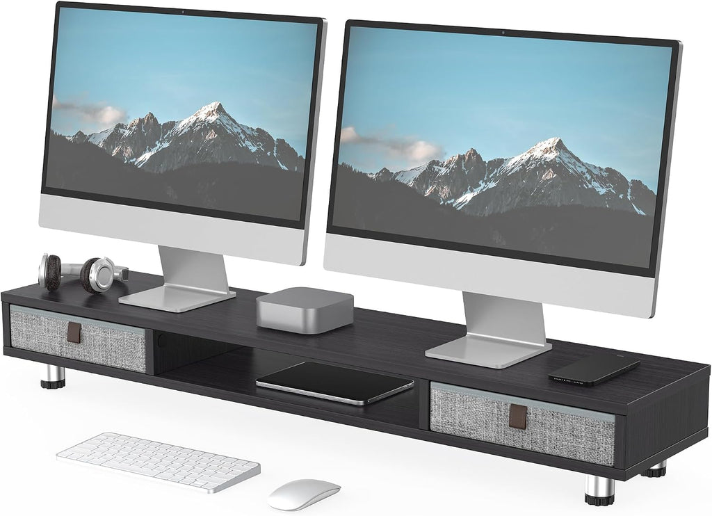 Dual Monitor Stand, 2-Tier Desk Organizer with Drawers, 42.5in, Black | Storage Fabric Drawer, Ergonomic Height Adjustable, Desk Shelf for Top of Desk, Laptop, PC, TV, Home Office Organization
