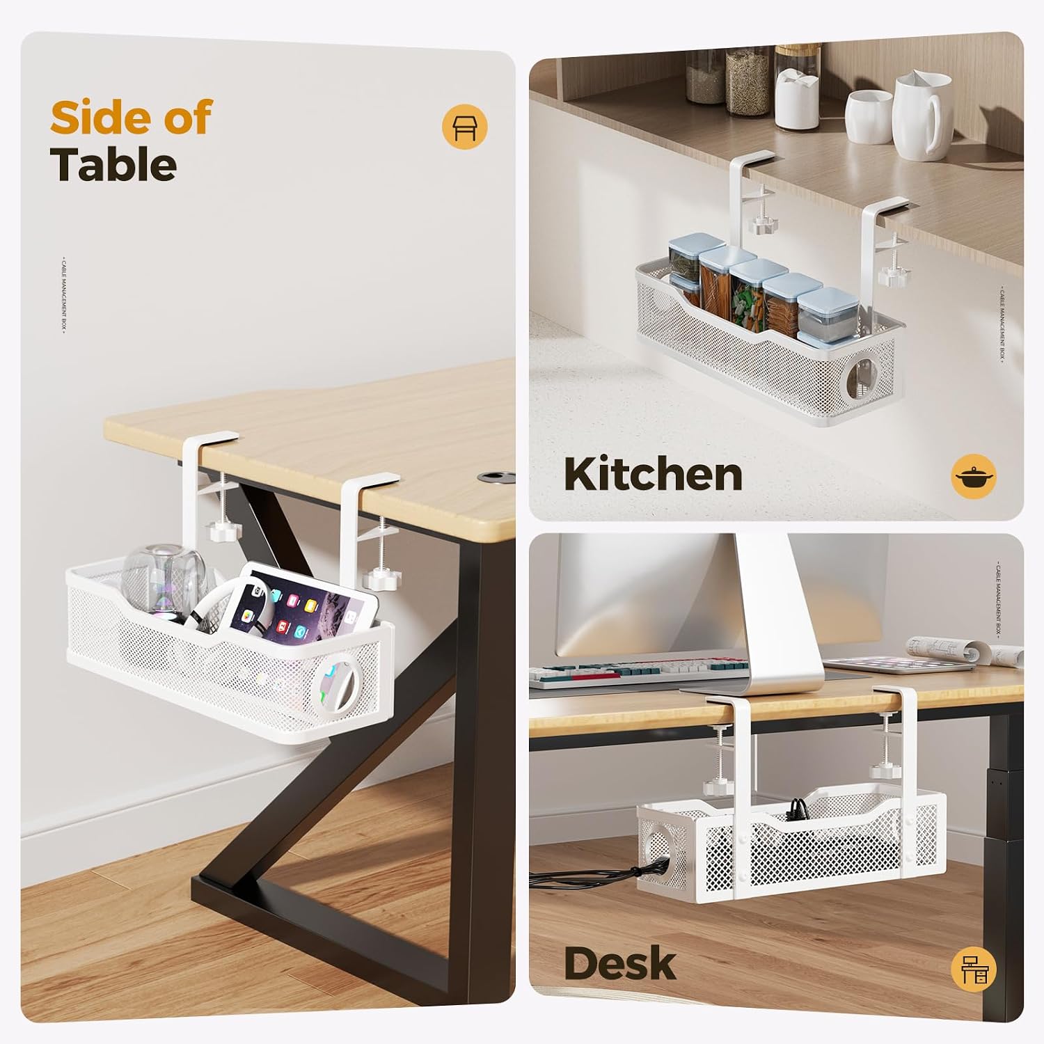 Under Desk Cable Management Tray White, Wire Organizers No Drill, Cable Tray with Clamp for Wire Management, Cord Organization Box for Office, Home - No Damage to Desk - view 7