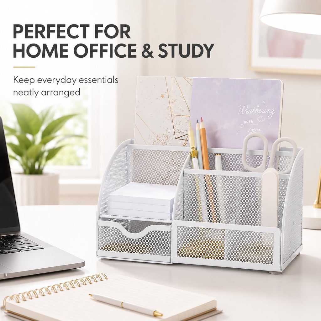 Desk Organizer 7 Compartments Metal Mesh Pen Holder Caddy White | Compact White Desktop Storage for Notes Clips Scissors Rulers Craft Tools Makeup Study and Home Use - view 7