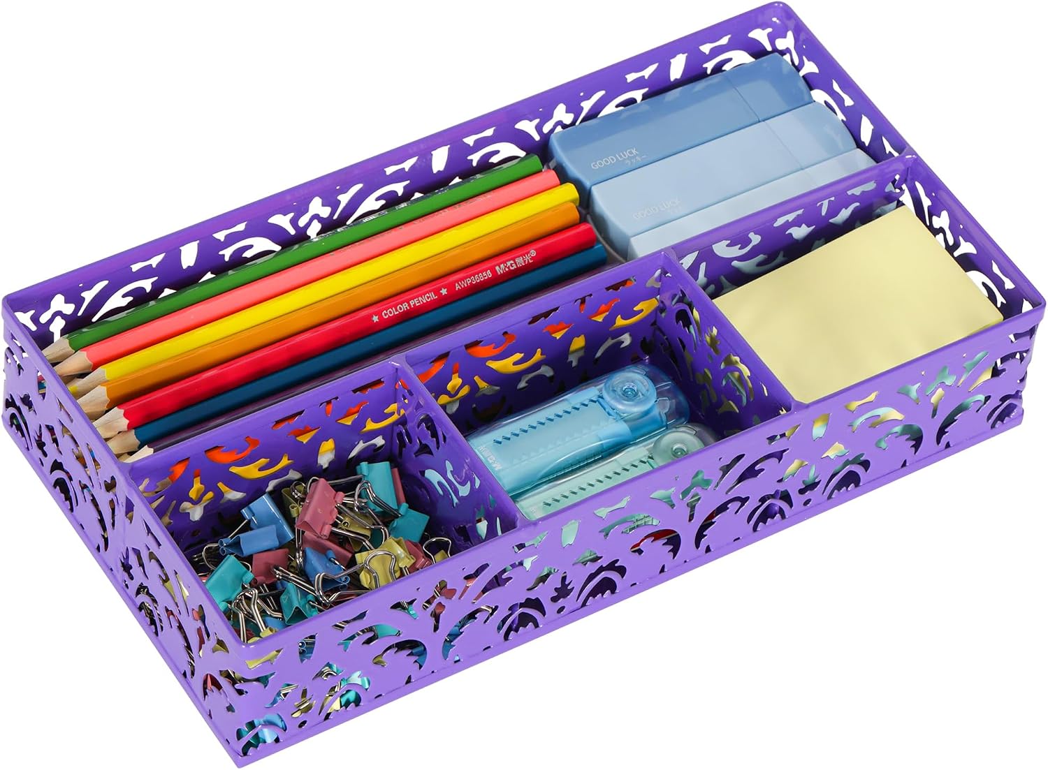 Desk Drawer Organizer with 4 Compartments, Carved Hollow Floral Metal Tray for Office, Jewelry, Cosmetics - No Assembly, Purple
