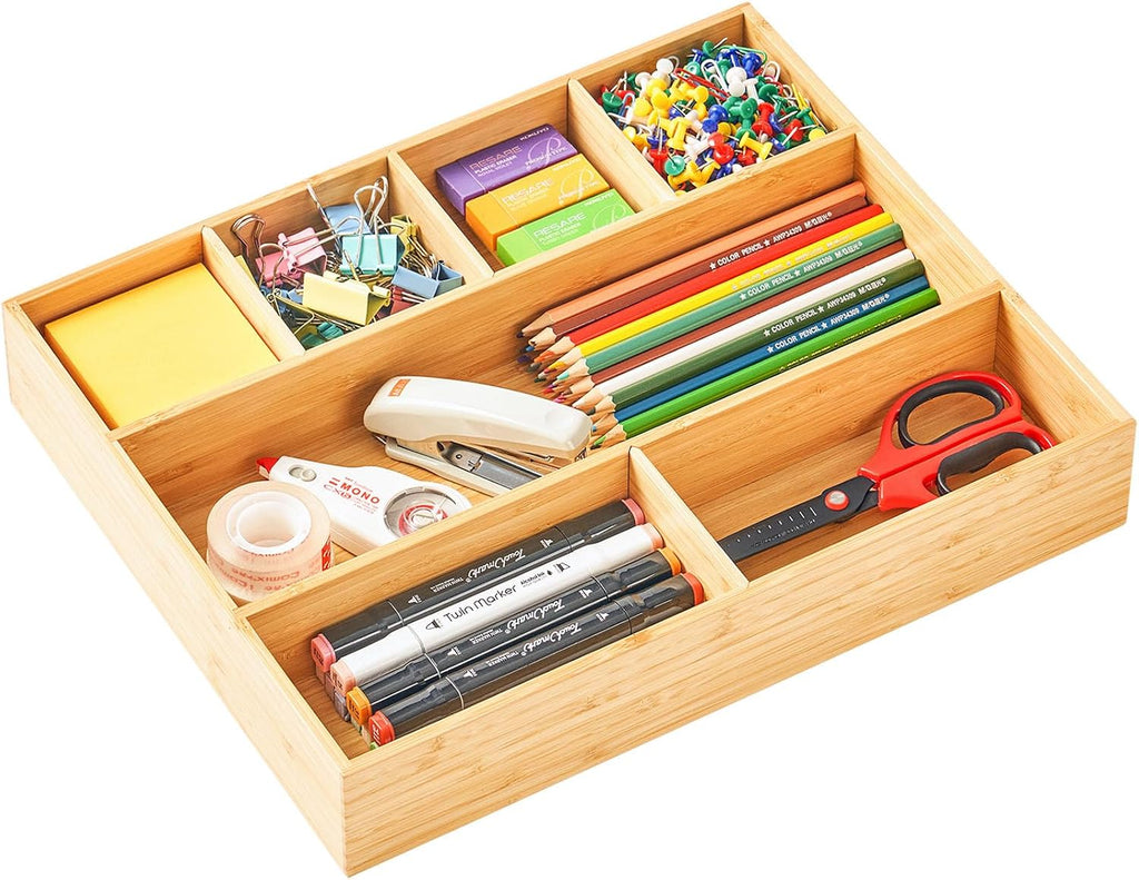 Bamboo Desk Drawer Organizer, Wood Junk Organizer Tray with Adjustable Dividers, Anti-Skip Storage Organization in Office Bathroom Drawer for Vanity, Makeup, 12" x 9" - view 6