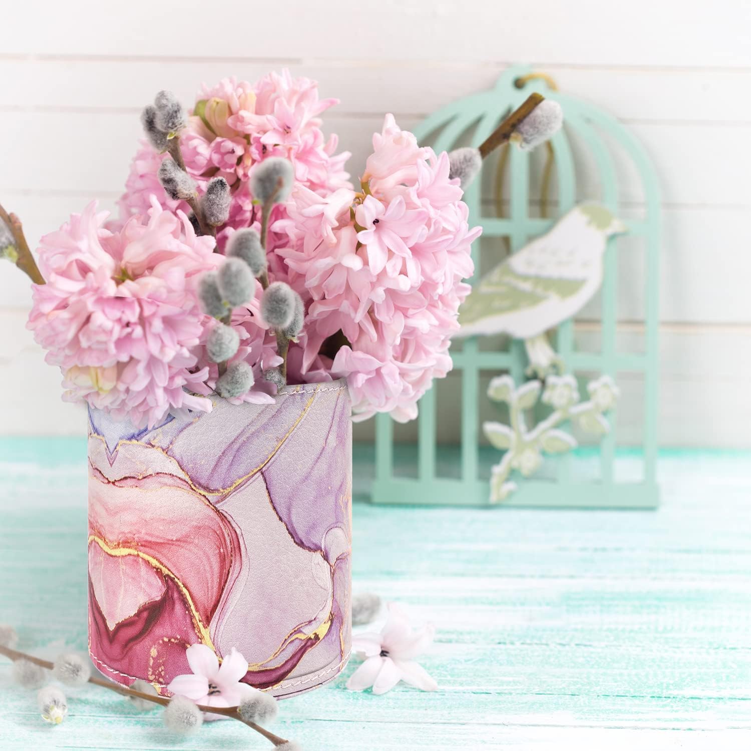 Pen holder for women girls, pencil cup pink desk decor, makeup brush holder large PU leather multi-functional organizer cup for office, classroom, home, colorful marble - view 4