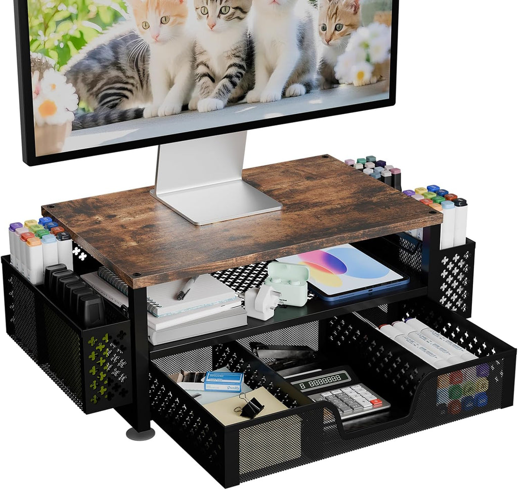 Monitor Stand with Drawer, 2-Tier Laptop Stand, Wood | Desk Organizers and Accessories with Drawer and 2 Pen Holders, Wood + Metal Stand Riser for Home Office, 20"W x 10"D x 5.8"H