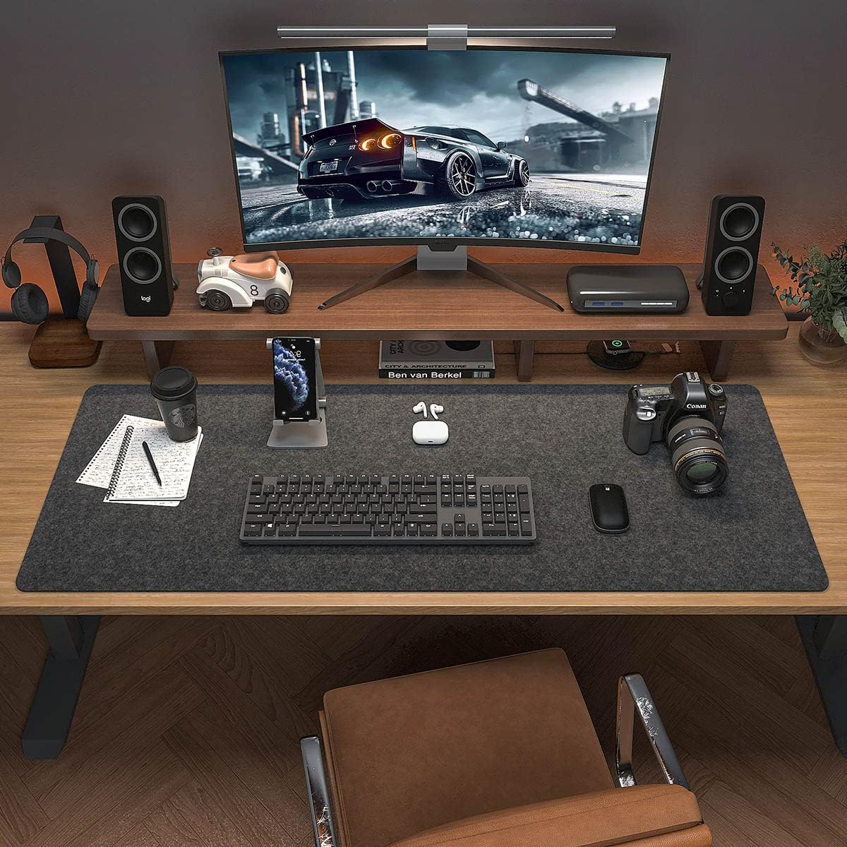 Large felt desk mat, 40''x16'' full keyboard and mouse pad | non-slip computer desk mat for desktop, felt desk pad protector for office and home, dark grey - view 4