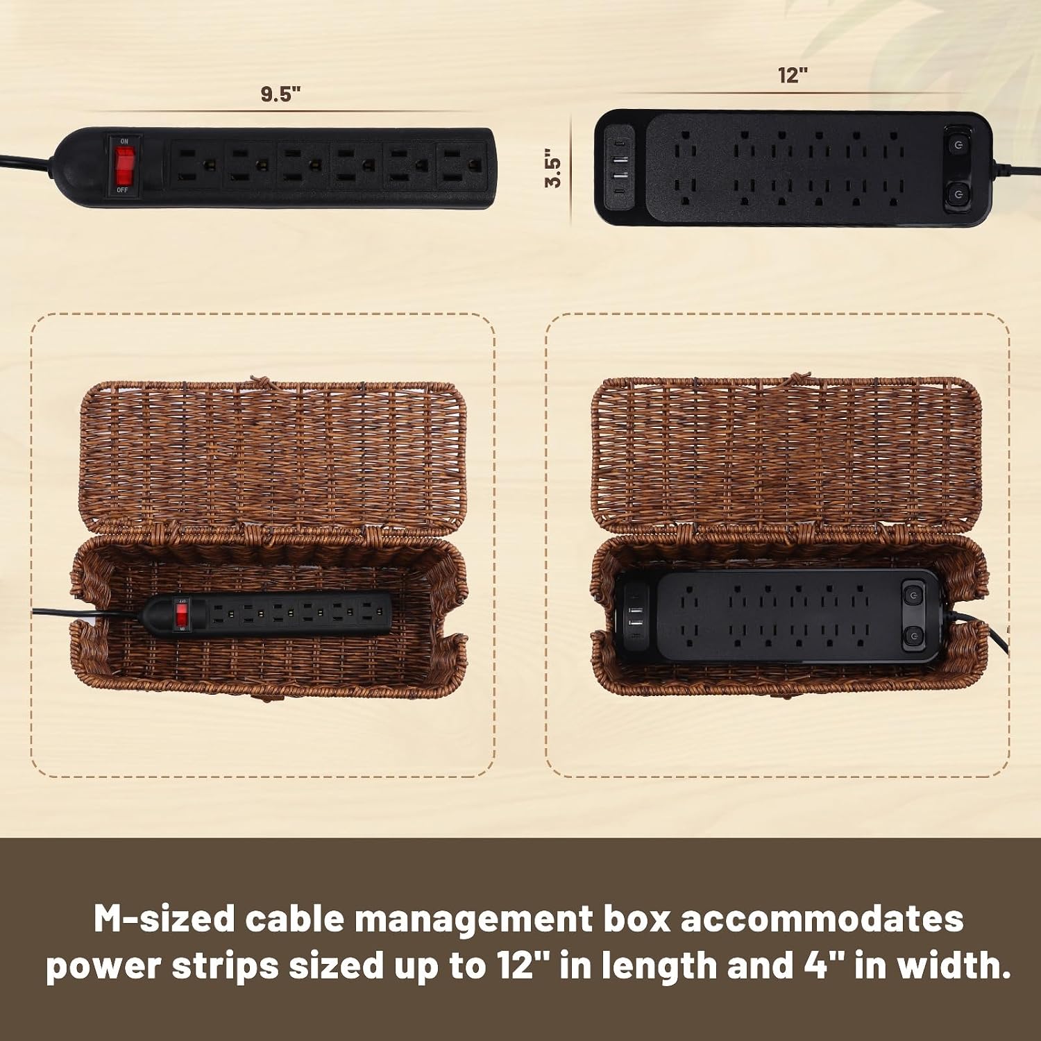 Cable Management Box, Rattan Style Cord Organizer for Desk Cord Hider Outlet Covers for Power Strip TV PC Router Charger Under Desk Storage with Lockable Lid and Cable Ties - view 4