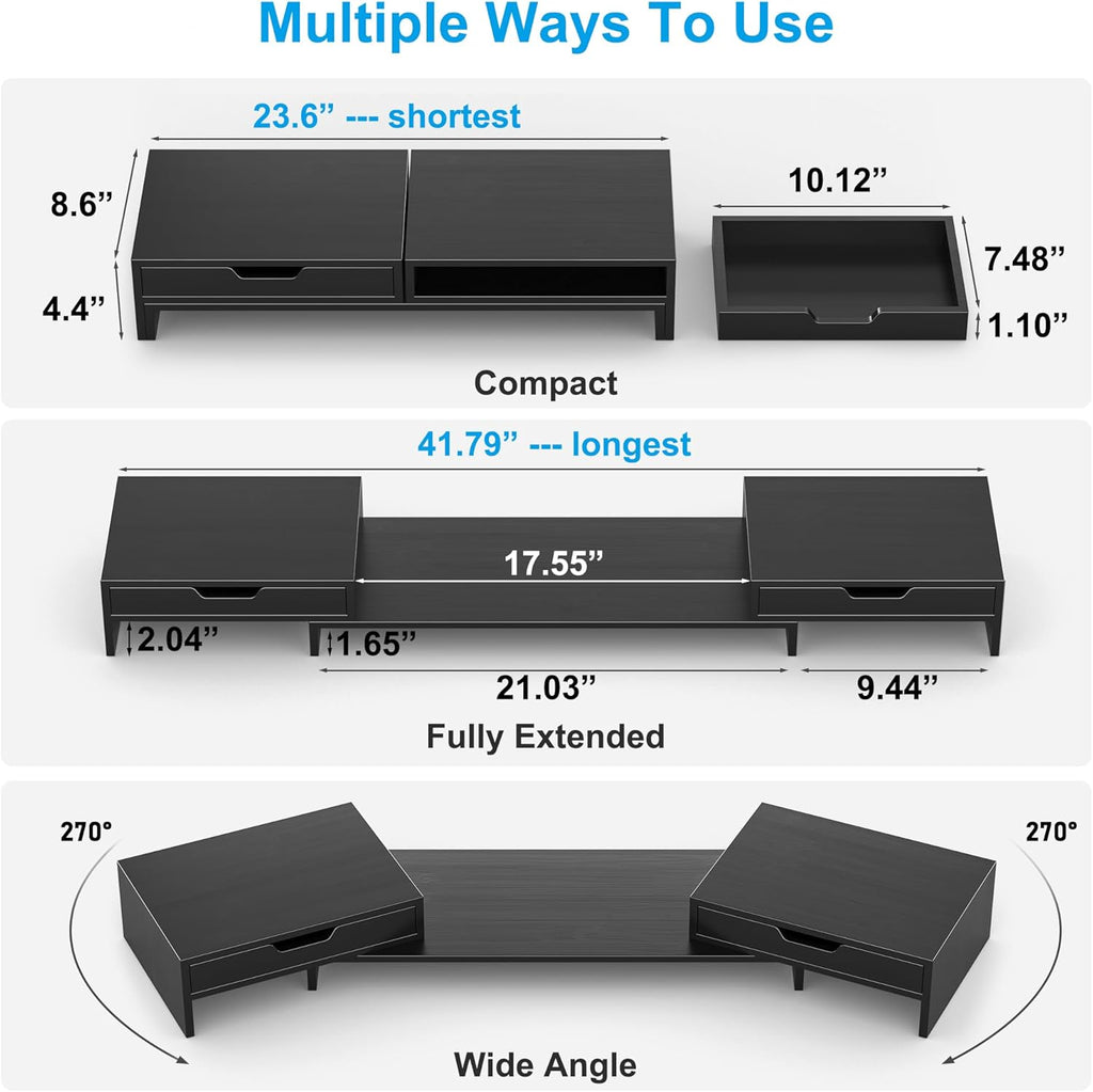 Dual Monitor Riser with Two Drawer for Desk, No Assembly Required | Premium Bamboo Dual Monitor Stand with Storage, Desk Monitor Shelf for Computer, IMac & Laptop, Desk Organizer, Black - view 6