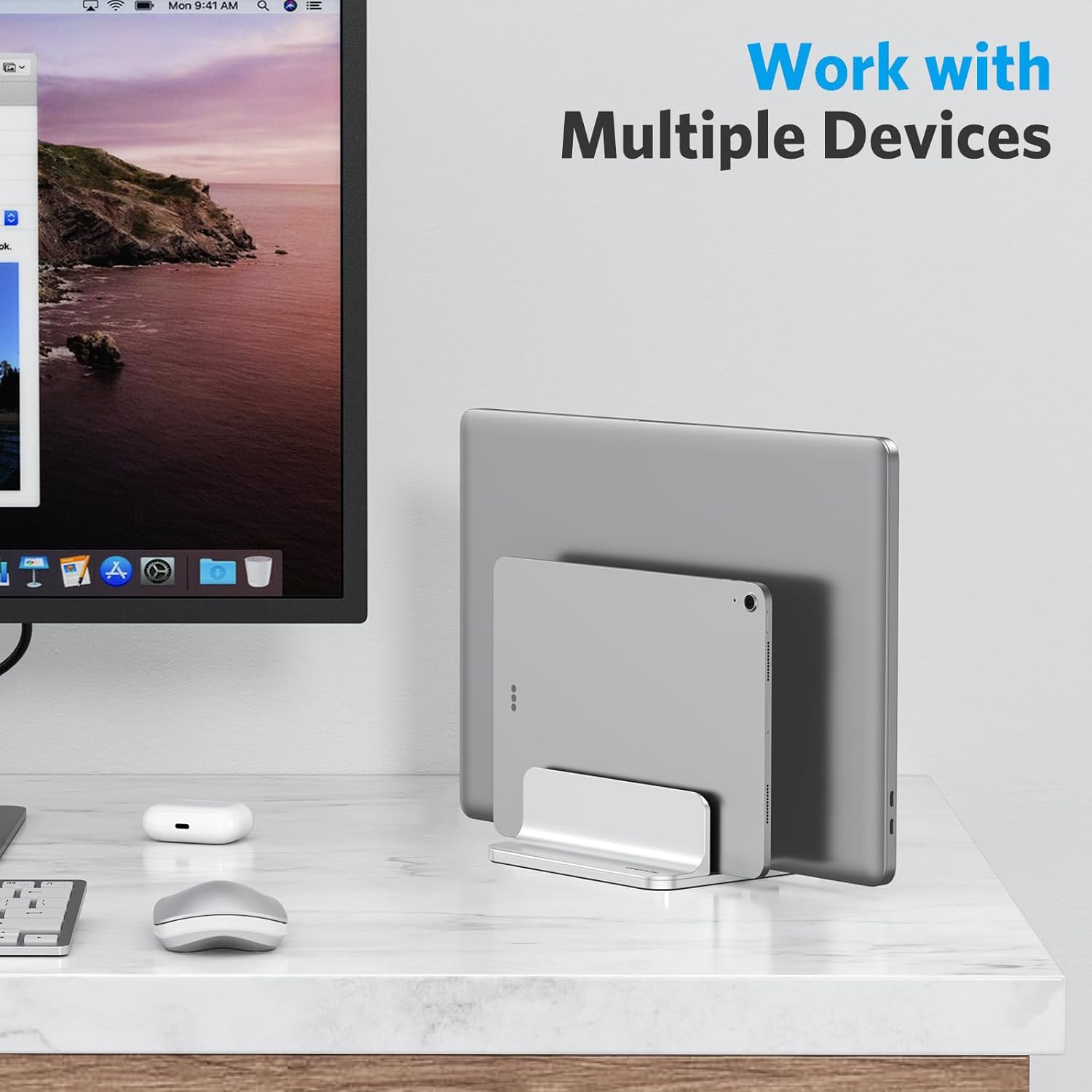 Dual vertical desk laptop stand holder, fits MacBook Air/Pro, silver | aluminum laptop storage rack for desk, adjustable dock for up to 17.3 in. gaming laptop, space-saving desk organizer - view 8