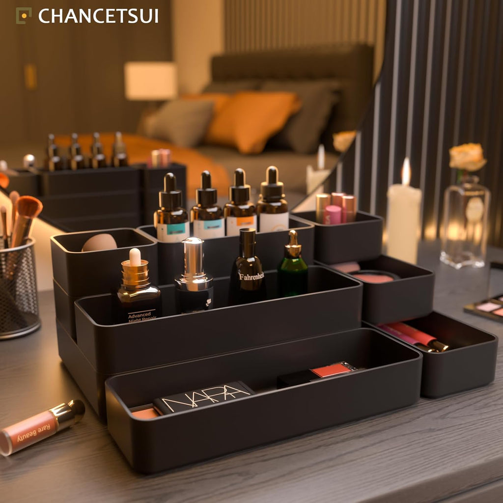 Black Bathroom Drawer Organizer Trays: 9 PC Stackable Desk Organizers Bin | vanity office kitchen modern shallow containers modular storage - view 2