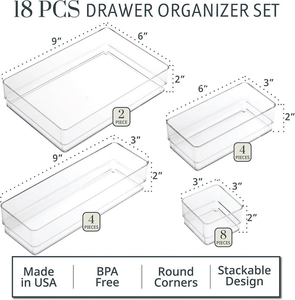 18-piece stackable clear drawer organizer set | multi-size trays | makeup vanity storage bins and office desk drawer dividers | made in USA - view 2