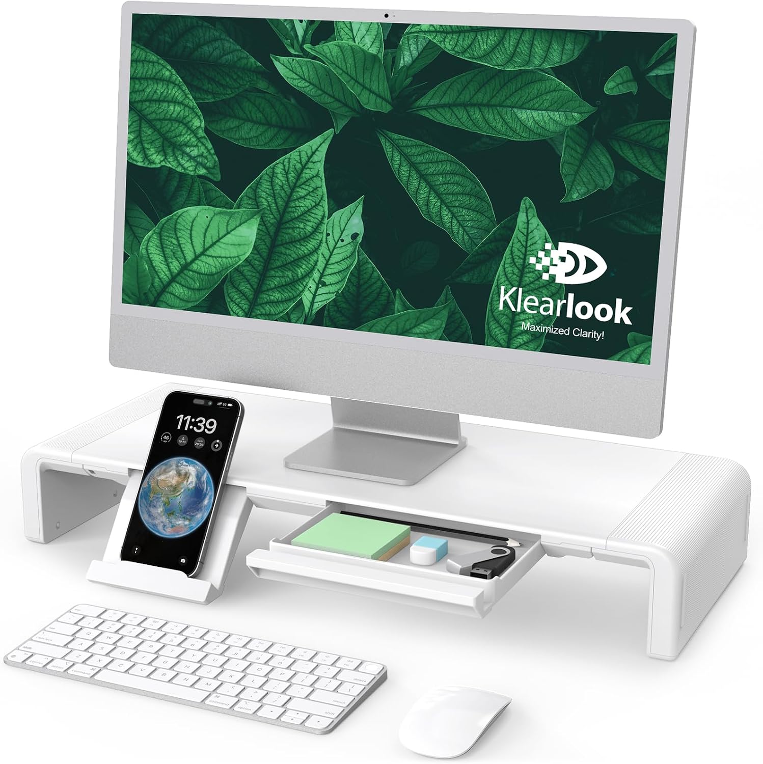 Monitor stand riser, foldable, height adjustable computer stand, desk shelf riser with storage drawer & tablet phone stand for desktop, laptop (white)
