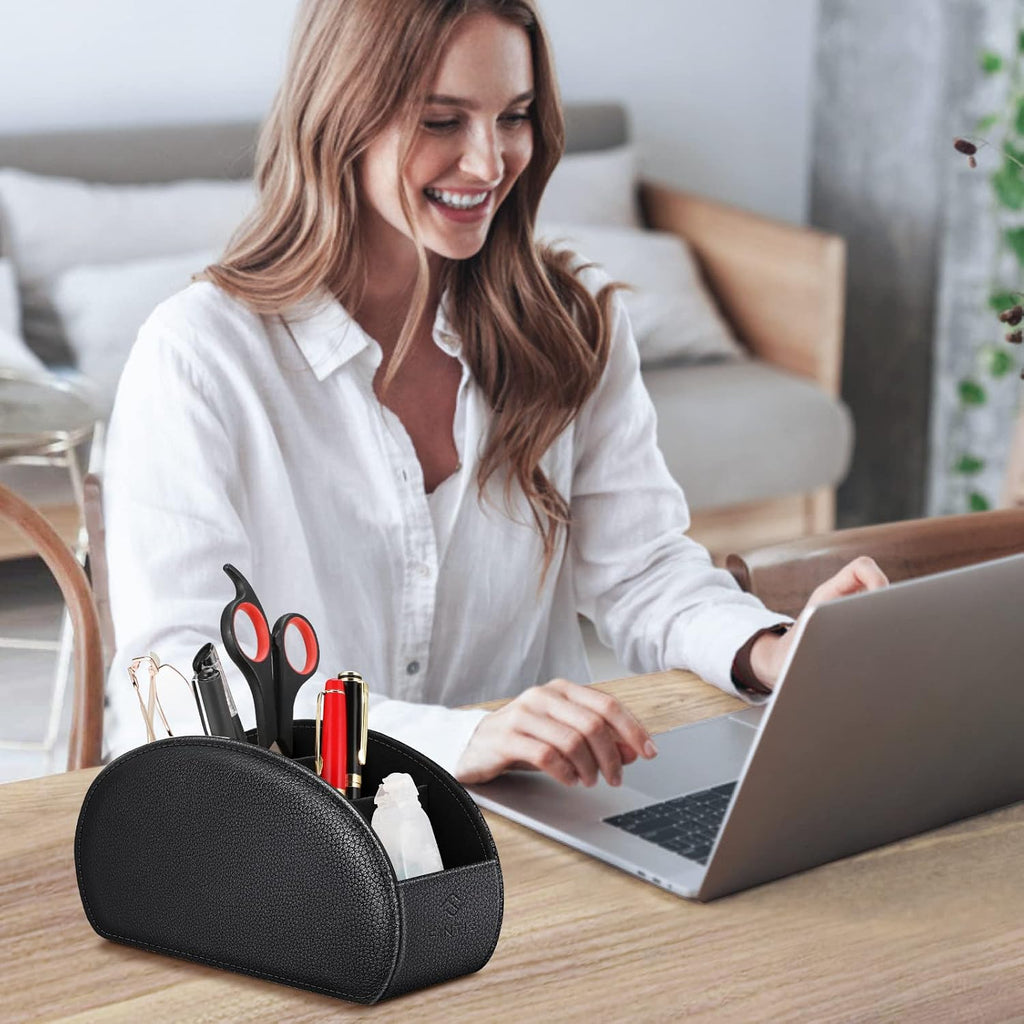 Remote Control Holder with 6 Compartments Vegan Leather | TV Remoter Caddy Desktop Makeup Brush Holder Storage, Fits TV Remotes, Media Controllers, Office Supplies, Black - view 6