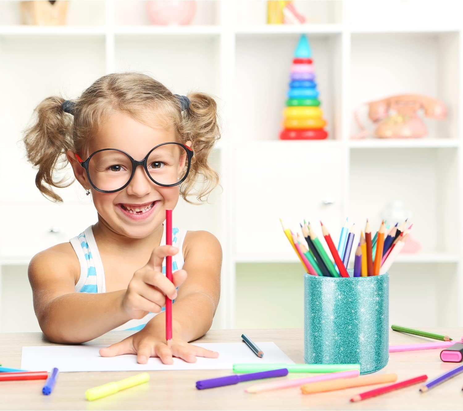 Glitter pen holder pencil organizer, cute pencil cup desk decor, decorative makeup brush holder large, leather multi-functional organizer cup for office, home, classroom, blue+green - view 8