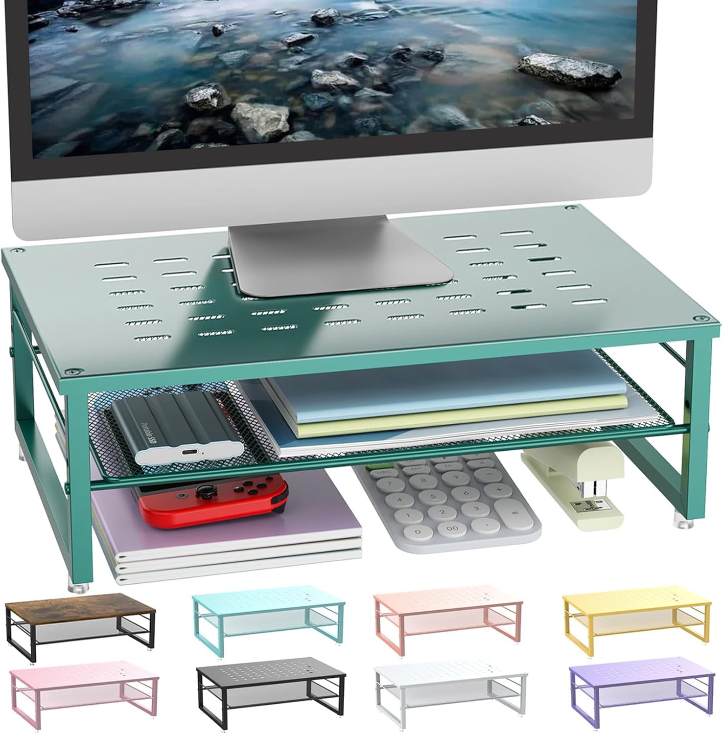 2-Tier Metal Monitor Stand Riser | Desk Organizers and Accessories, Desk Organizer for Monitor, Office Desk Storage Organizer for Office Supplies (Dark Green)