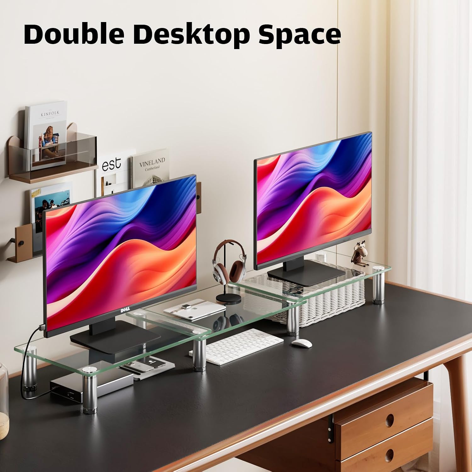 Dual Monitor Stand -Adjustable Length and Angle Dual Monitor Riser, Desktop Organizer for PC, Computer, Laptop (Clear) - view 2