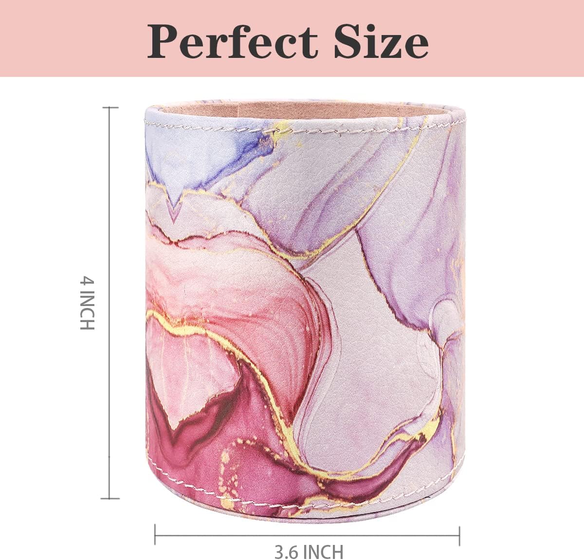 Pen holder for women girls, pencil cup pink desk decor, makeup brush holder large PU leather multi-functional organizer cup for office, classroom, home, colorful marble - view 2