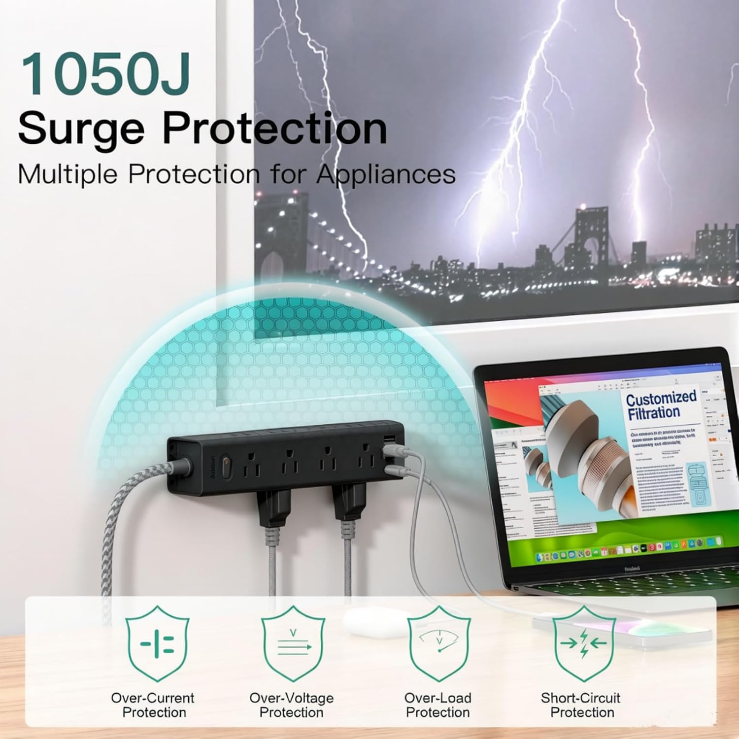 15ft extension cord, power strip surge protector with 12 AC outlets & 4 USB | flat plug, wall mount, 1050J surge protector, outlet extender for home office dorm room gaming desk setup, ETL listed - view 5
