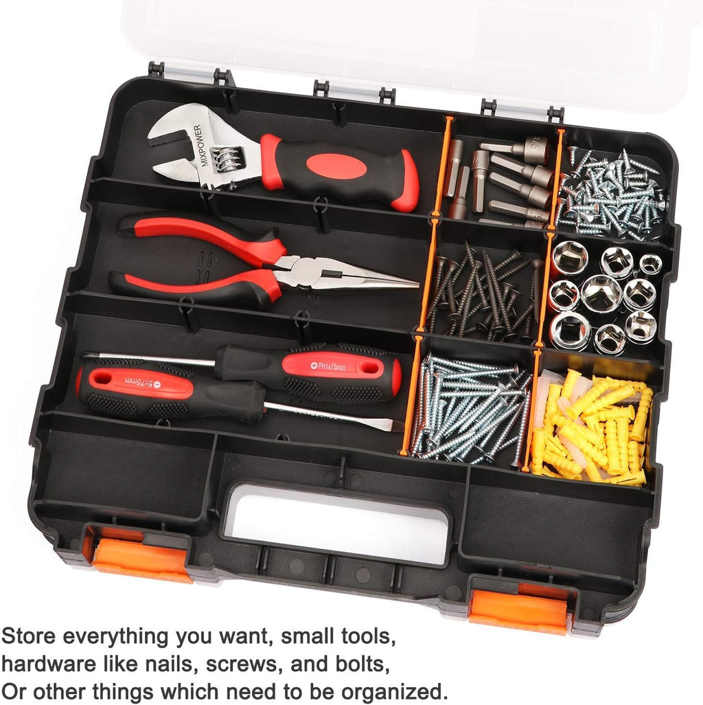 Double Side Tools Organizer, Customizable Removable Plastic Dividers, Hardware Box Storage, Excellent for Screws,Nuts,Small Parts, 34-Compartment, Black/Orange,12.6"L x 10.6"W x 3.2"H - view 8