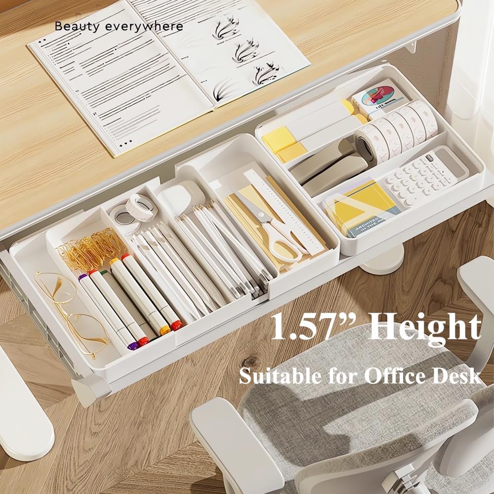 Shallow Desk Drawer Organizer, 1.73" Modular Expandable Tray | White Divider Bins For Office Stationery, Makeup & Kitchen Utensils, Fits 4.4cm Low-Profile IKEA Alex, BPA-Free PET. - view 3