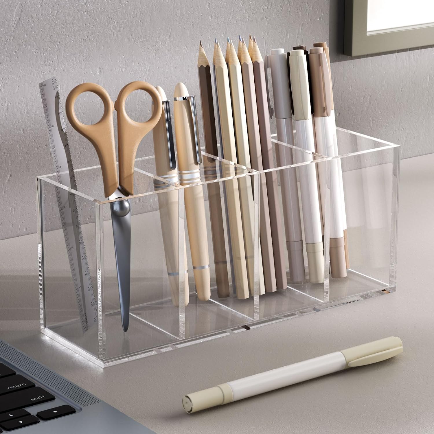 Acrylic Pen Holder 4 Compartments, Clear Desk Pencil Organizer Cup | Scratch-resistant thick acrylic with 4 slots for pens, pencils, makeup brushes, office, vanity and school use - view 3