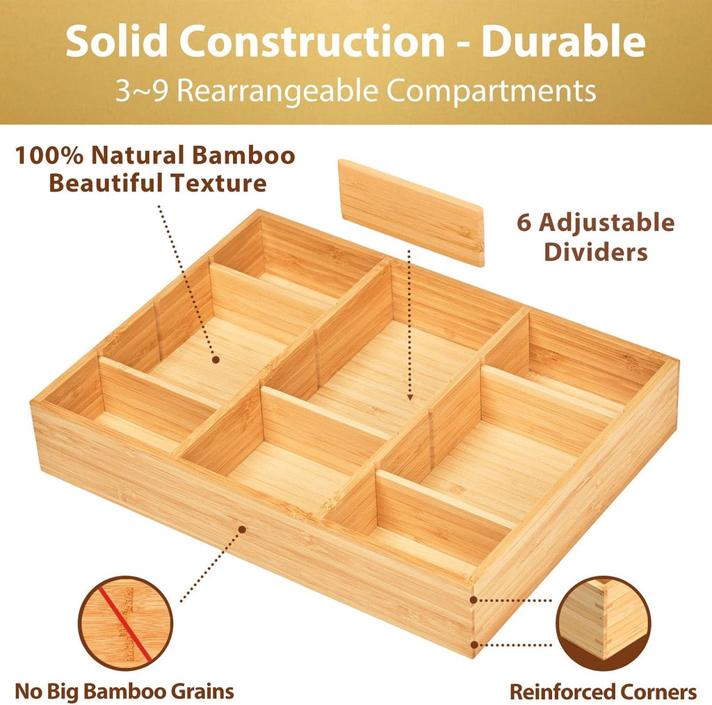 Bamboo Desk Drawer Organizer, Wood Junk Organizer Tray with Adjustable Dividers, Anti-Skip Storage Organization in Office Bathroom Drawer for Vanity, Makeup, 12" x 9" - view 2