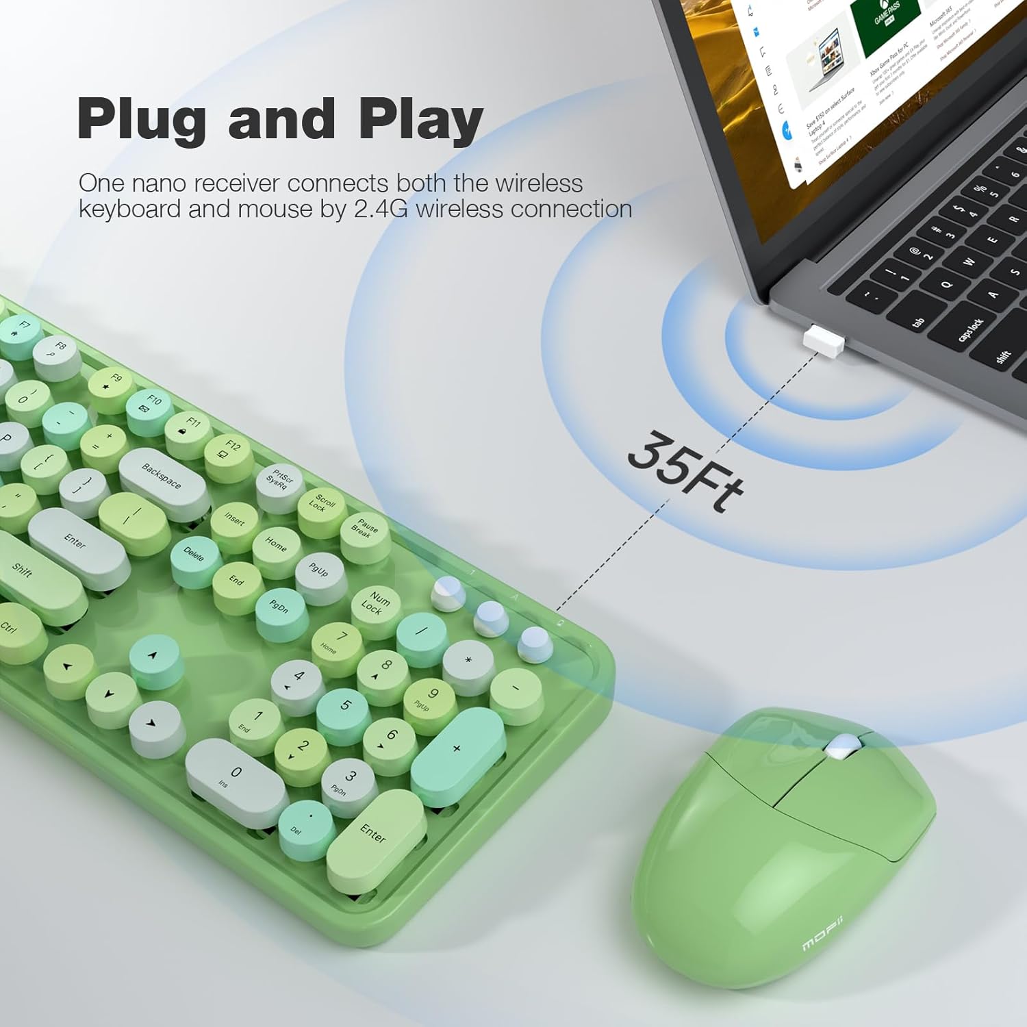 Wireless keyboard and mouse combo, 2.4GHz retro full size typewriter keyboard with number pad & wireless mouse for laptop, PC, desktop, Mac, Windows - green colorful - view 2