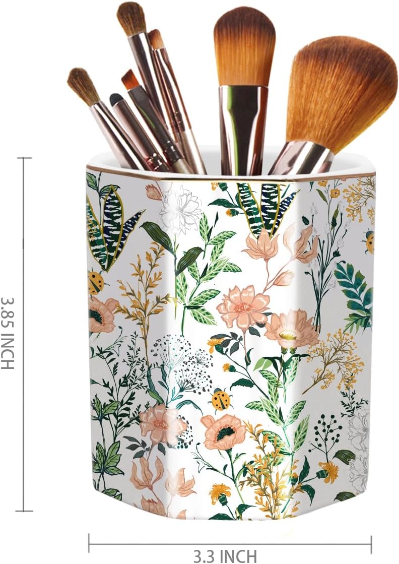 Cute ceramic pen holder for desk, pencil cup pot, makeup brush holders, desk accessories & workspace organizers for home, office, white flower - view 2