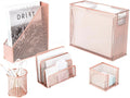Rose Gold Desk Organizer Set | 5-Piece Metal Desktop Organization Kit With File Holder, Magazine Rack, Pen Cup, Sticky Note Holder and Letter Sorter | Stylish Office Accessories