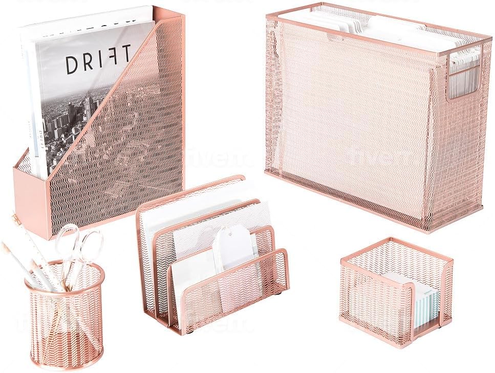 Rose Gold Desk Organizer Set | 5-Piece Metal Desktop Organization Kit With File Holder, Magazine Rack, Pen Cup, Sticky Note Holder and Letter Sorter | Stylish Office Accessories