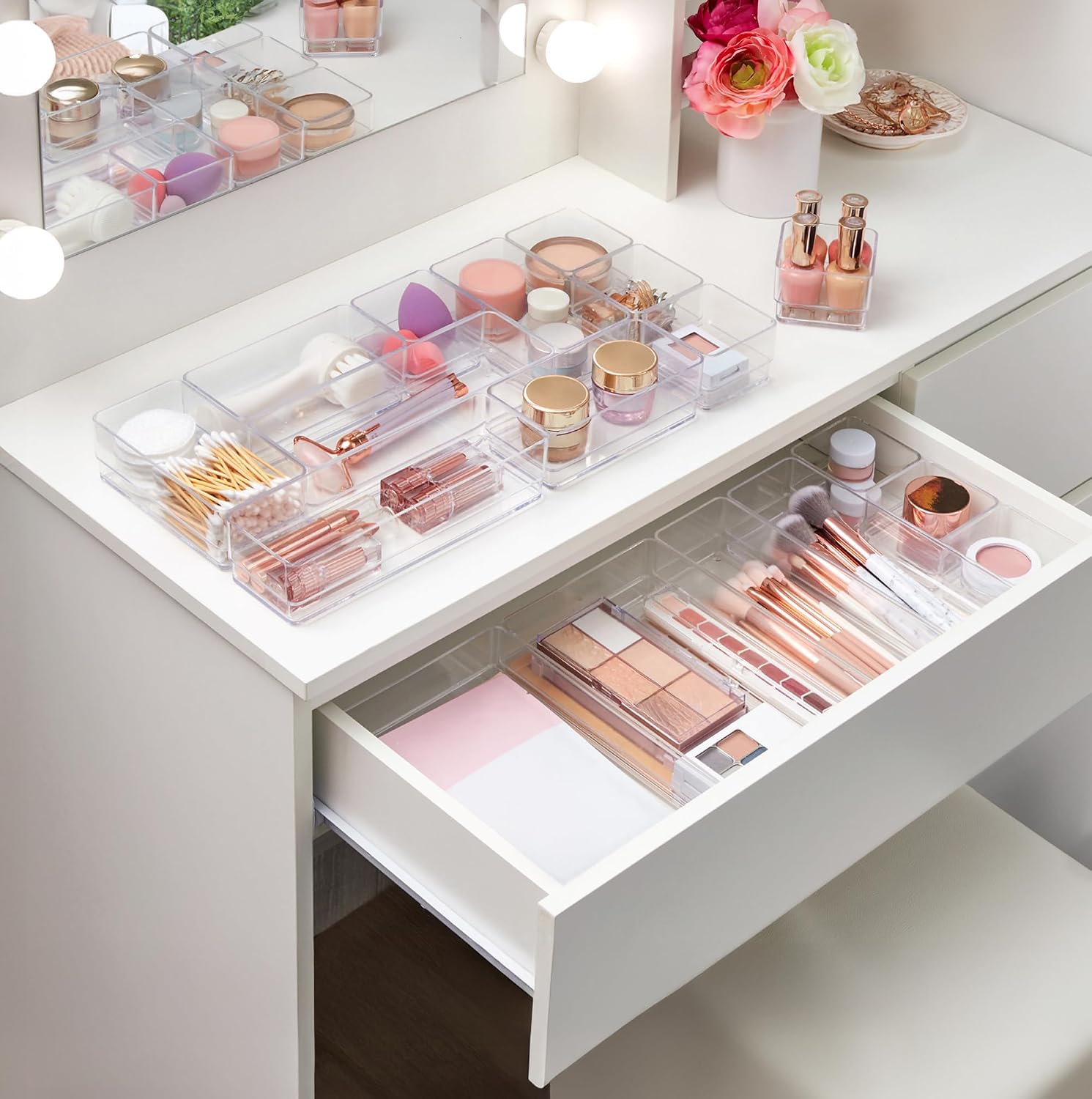 18-piece stackable clear drawer organizer set | multi-size trays | makeup vanity storage bins and office desk drawer dividers | made in USA - view 7