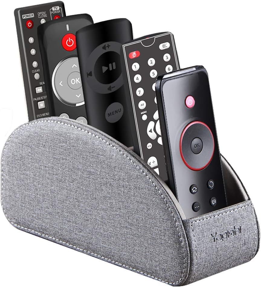 Pu leather TV remote control holder with 5 compartments, remote caddy/tray | bedside table desk storage box/organizer for pen, DVD, Blu-Ray, media player, heater controller, cosmetics, glasses, office supplies