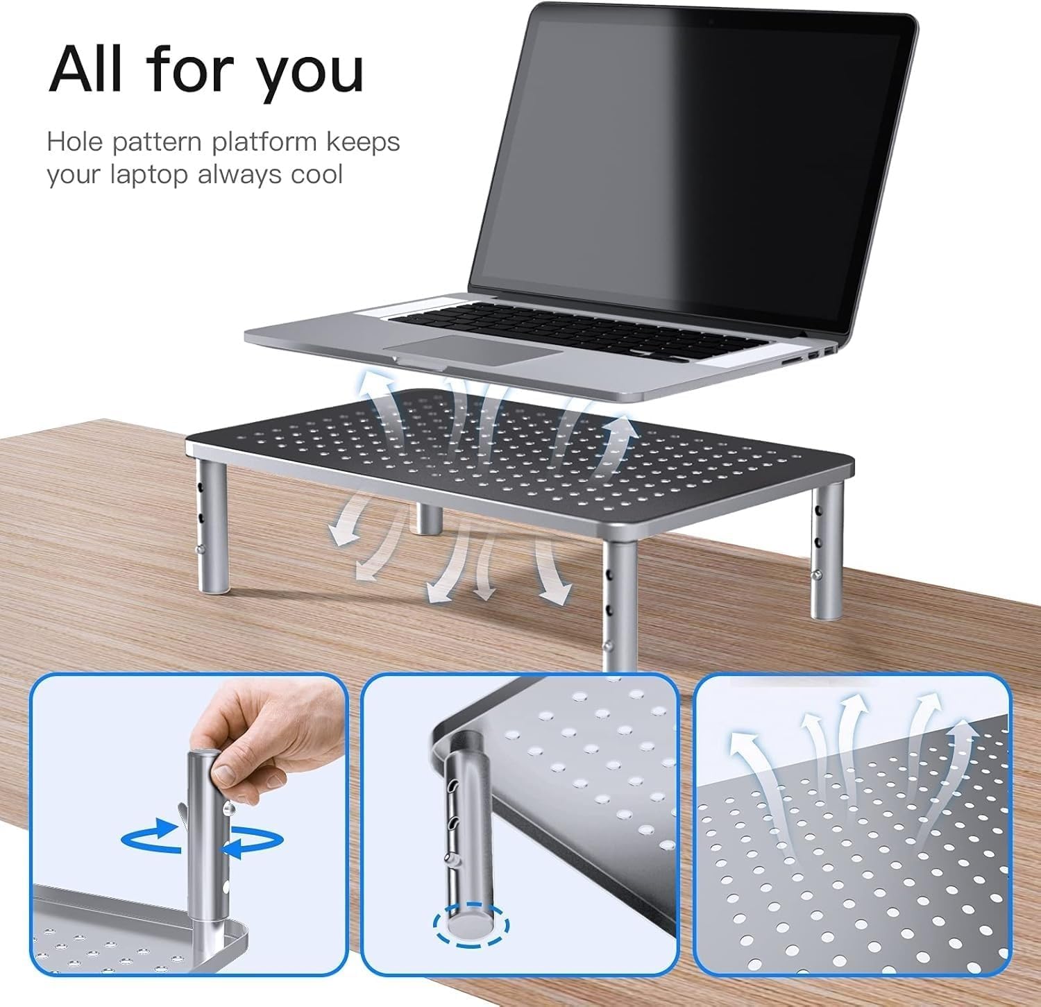 Monitor Riser - 3 Height Adjustable Stand for Laptop, Computer, iMac, PC, Printer, Desktop Ergonomic Metal Monitor Riser with Mesh Platform - view 4