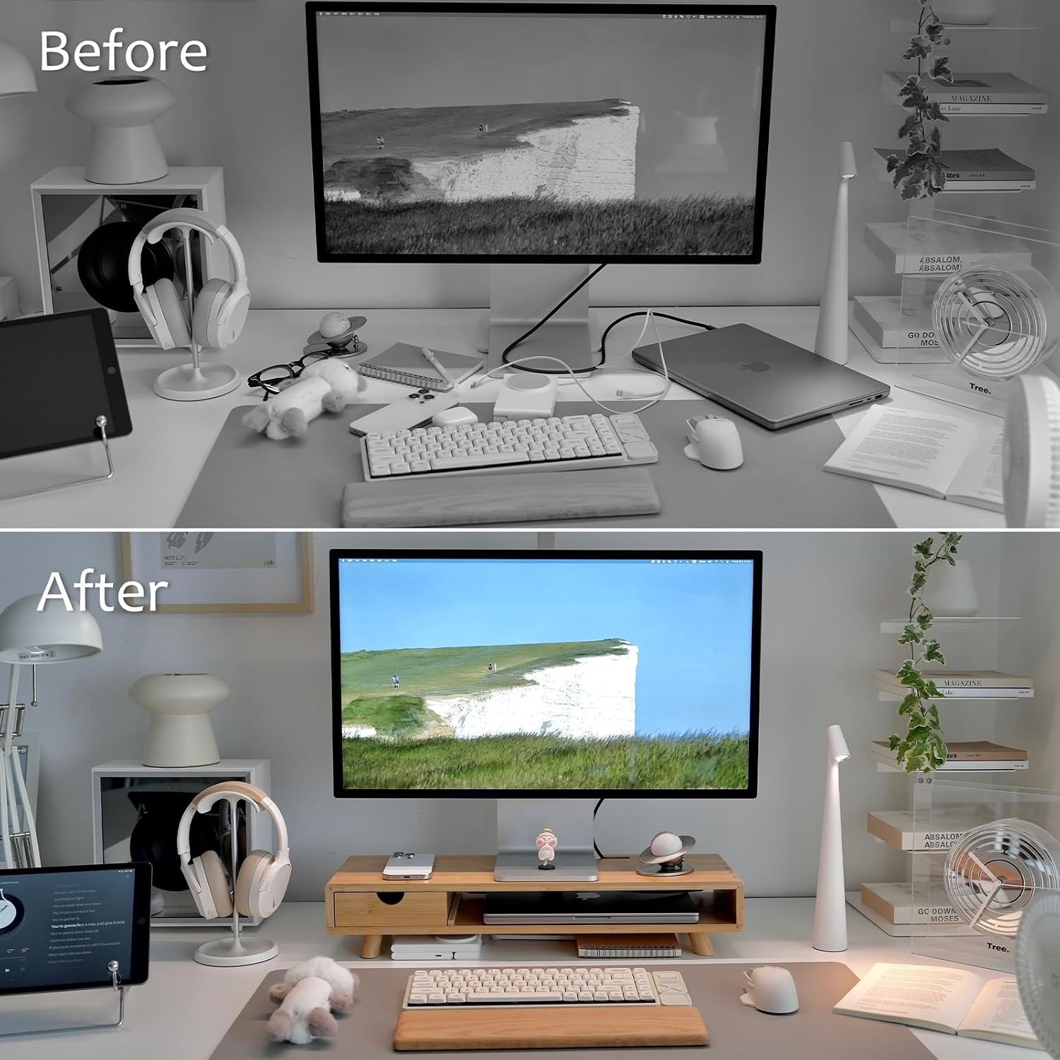 Bamboo Monitor Stand Riser with Drawer | Ergonomic Computer Riser for Desk with Cable Management & Storage Organizer, Wood Monitor Stand for Home Office - view 3