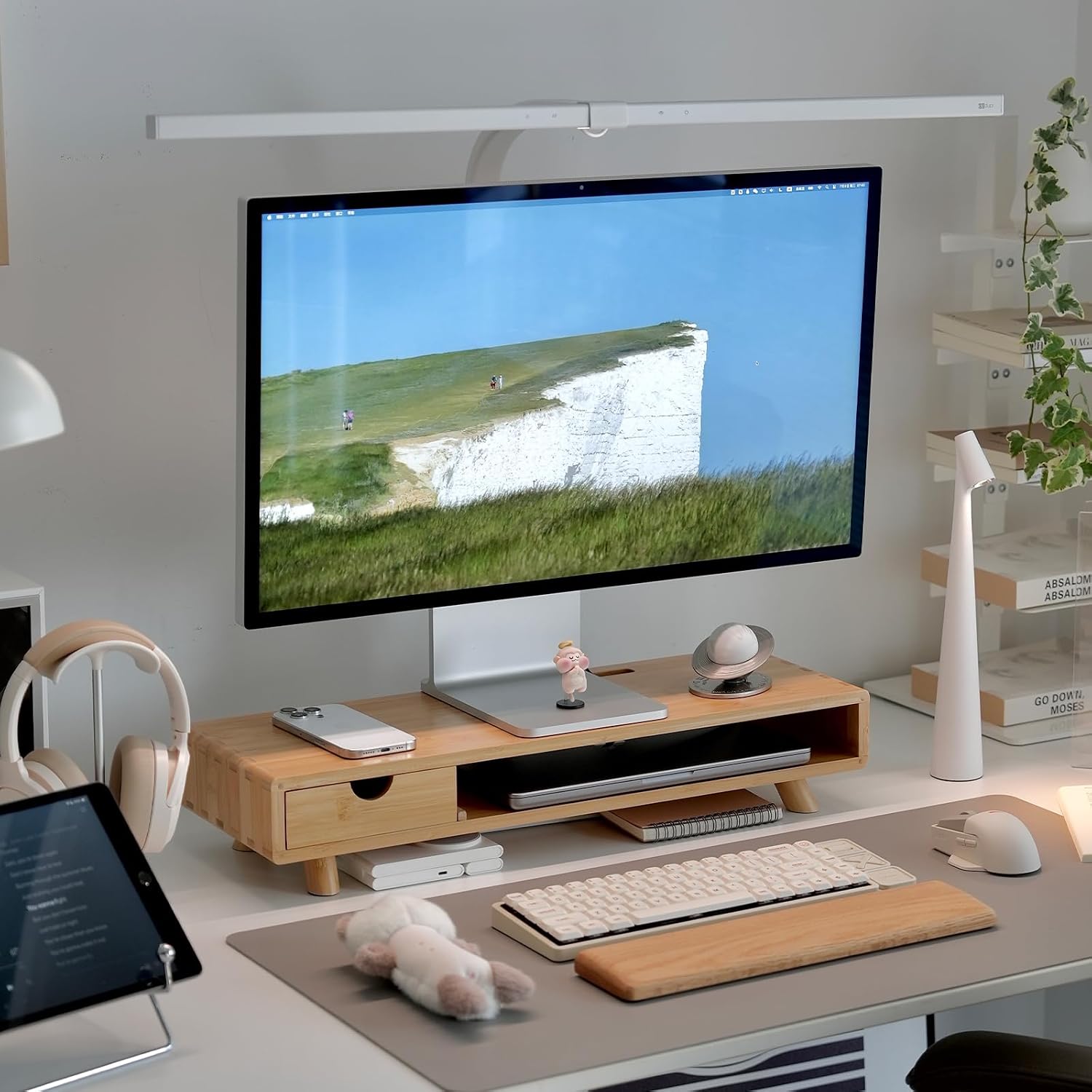Bamboo Monitor Stand Riser with Drawer | Ergonomic Computer Riser for Desk with Cable Management & Storage Organizer, Wood Monitor Stand for Home Office