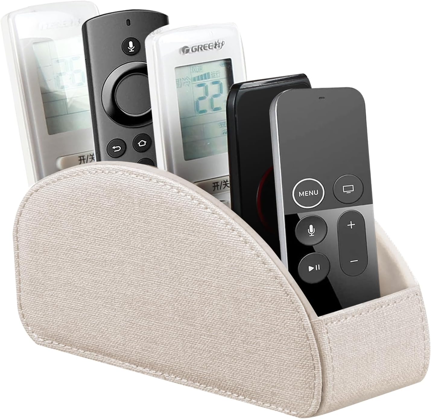 PU leather TV remote control holder/caddy for table with 5 compartments | desk organizer and decorations for living room, bedside storage for controller, makeup brush, pen, office stationery, art supplies