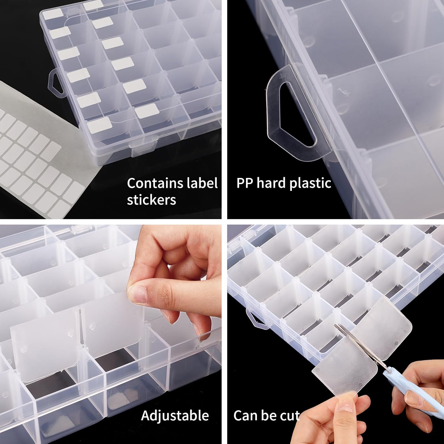Bead organizer storage 2 pack 36 grid jewelry tackle craft box adjustable | clear plastic, adjustable dividers, label stickers included, for beads jewelry crafts fishing tackle and small parts - view 3
