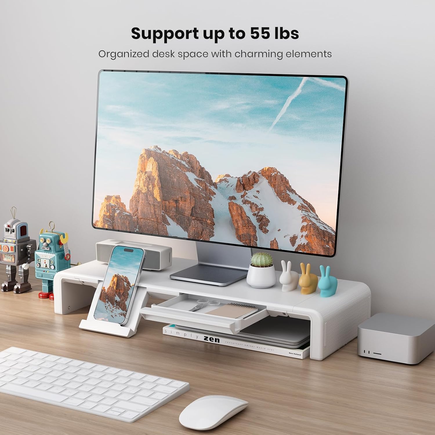 Monitor stand riser, foldable, height adjustable computer stand, desk shelf riser with storage drawer & tablet phone stand for desktop, laptop (white) - view 7