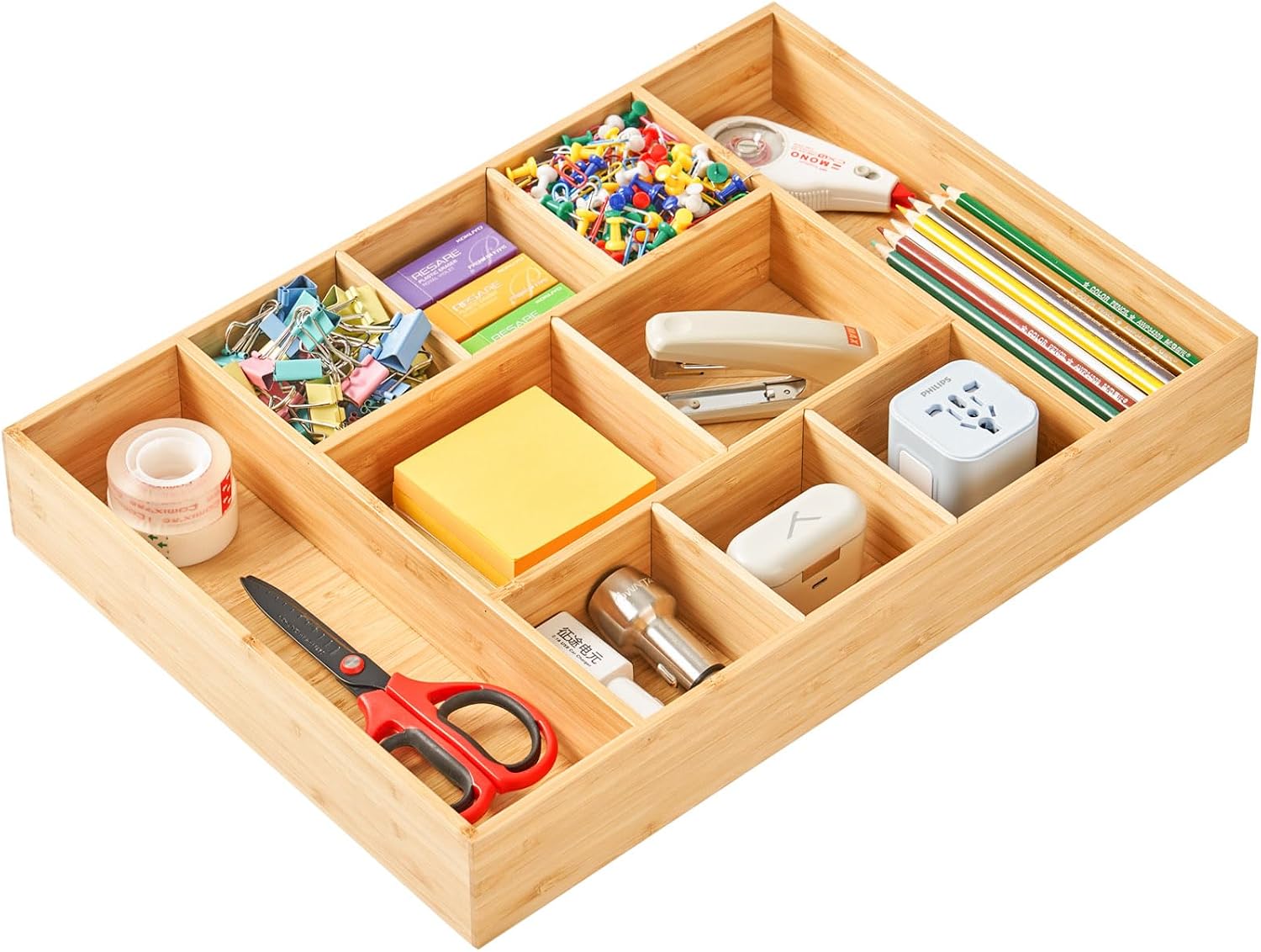 Bamboo Desk Drawer Organizer, Wood Junk Organizer Tray with Adjustable Dividers, Anti-Skip Storage Organization in Office Bathroom Drawer for Vanity, Makeup, 12" x 9" - view 7