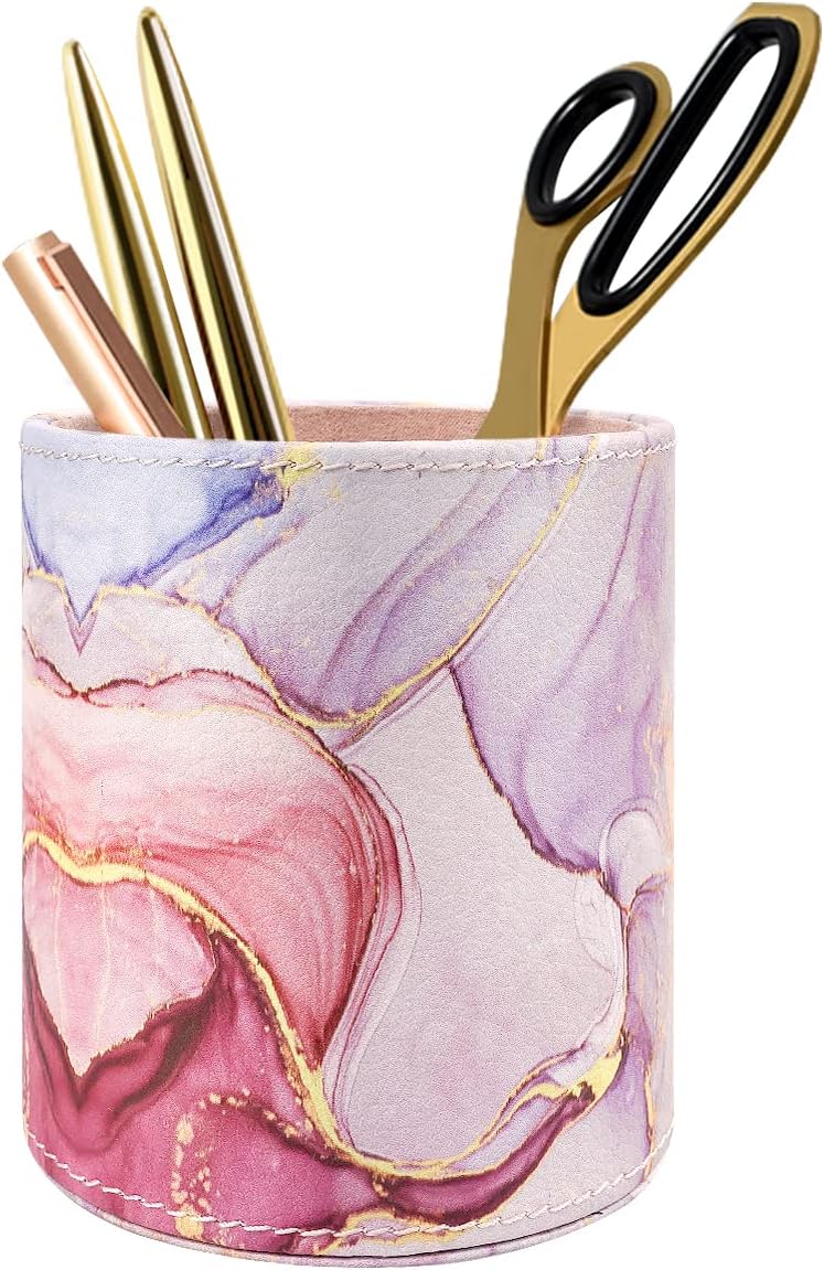 Pen holder for women girls, pencil cup pink desk decor, makeup brush holder large PU leather multi-functional organizer cup for office, classroom, home, colorful marble
