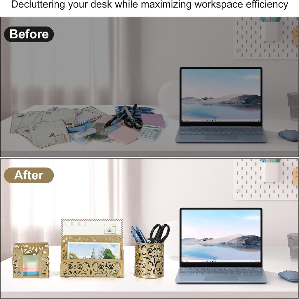 Desk Organizers and Accessories 3 Pieces Office Organizer Set - Pen Holder for Desk, Mail Sorter Countertop and Sticky Note Holder, Gold - view 5
